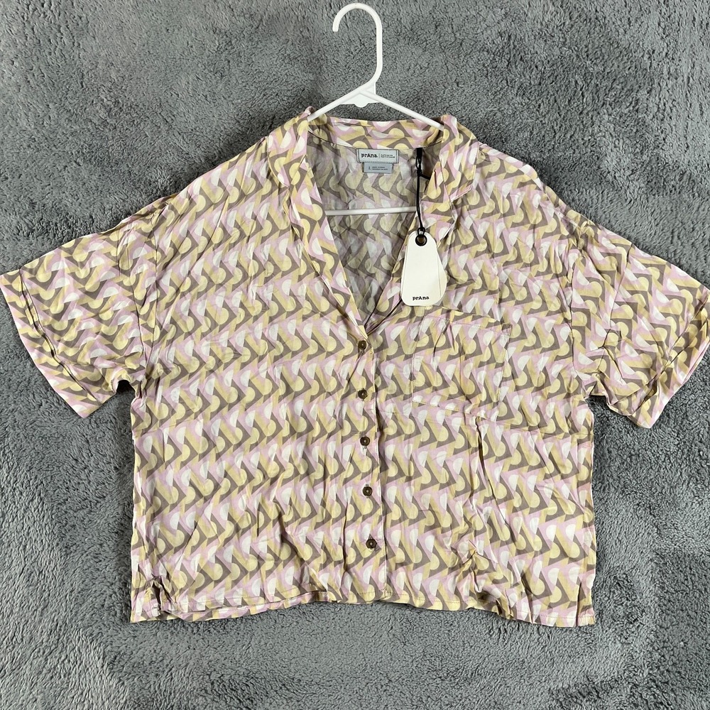 prAna Iguala Top Large Willow Retro Geo Women's Tencel Modal Button Up Blouse